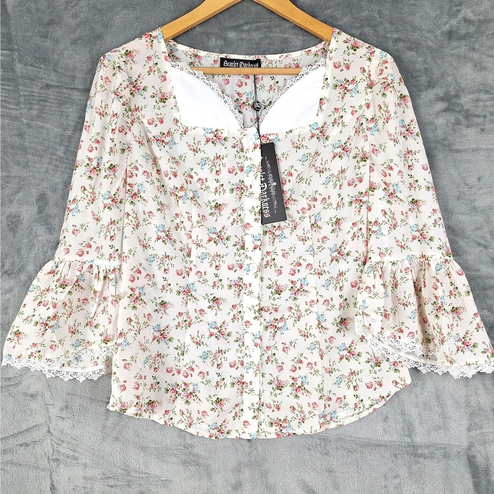 Womens Top Medium Romantic Floral Lace Fairy Cottagecore Feminine Bell Sleeve